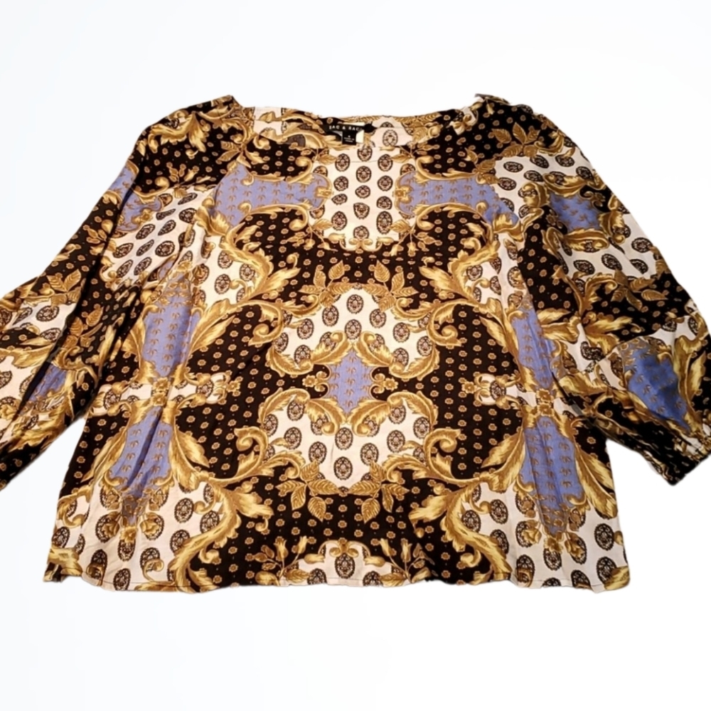 Zac & Rachel Black White Blue Gold Paisley Long Sleeved Blouse Size S NWT